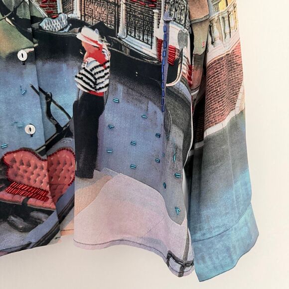 Vintage Nicole Taylor Silk Beaded Scenic Landscape Venice Italy Print Shirt L - Picture 5 of 12
